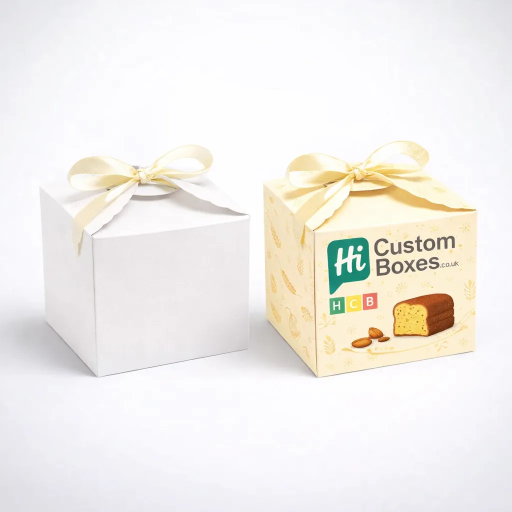 Two white gable boxes with built-in handles, one plain and one showing custom bakery branding. class=
